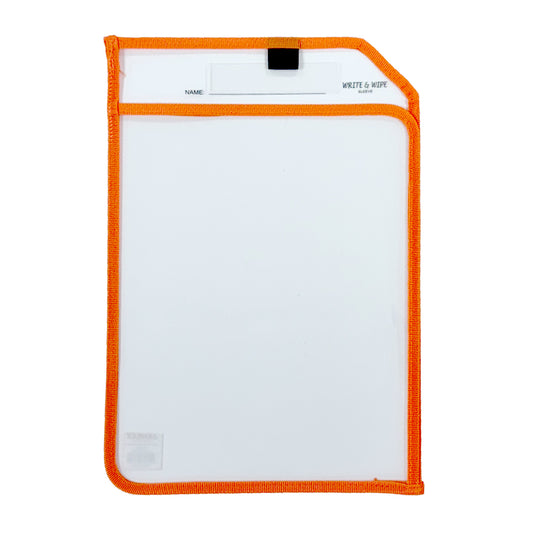 Pack of 8 Orange Edge Clear Dry Erase Write and Wipe Reusable Sleeve Pockets