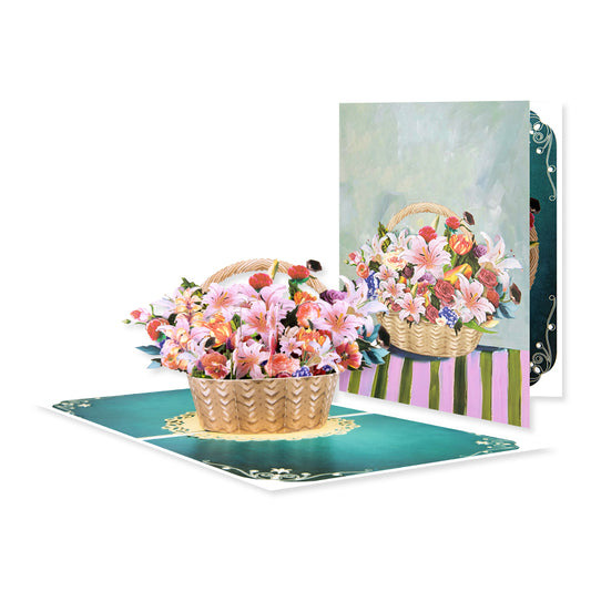 Watercolor Lily Flower Basket Blooming Wishes 3D Pop Up Card