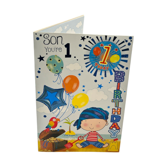 Son Age 1 Juvenile Boy Near Beachside Birthday Card With Badge