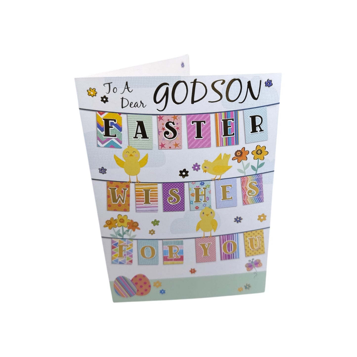 To Dear Godson Vibrant Patterns Bunting Design Easter Card