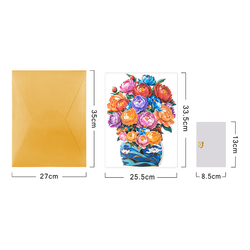 Colorful Grace Peony Bouquet in Blue Vase 3D Pop Up Card
