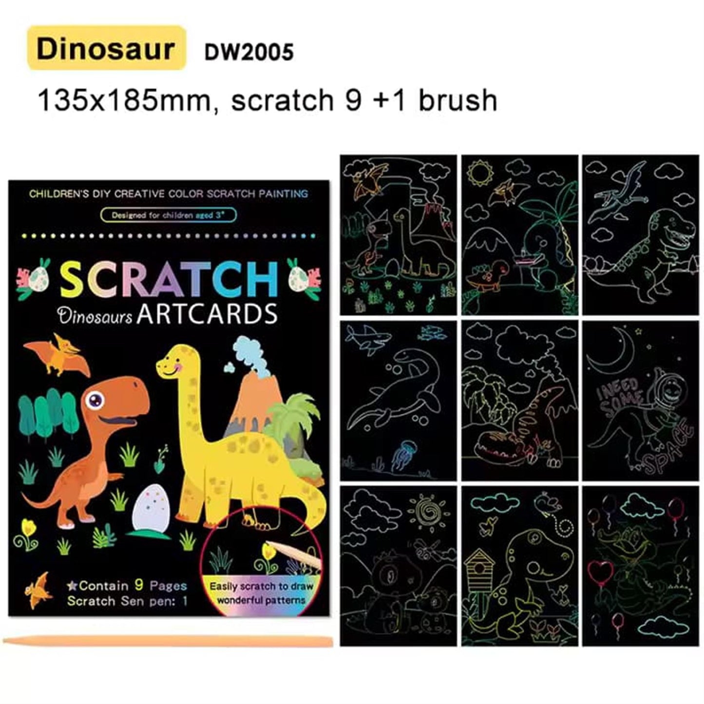 Dinosaur Theme 9 Pages Art Creative Scratch Painting Book with Scratch Pen