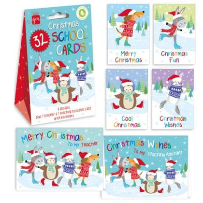 Pack of 32 Cute Skaters Design Christmas School Cards