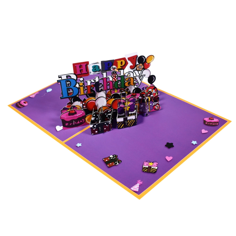 Balloons and Cake Design Purple Party 3D Pop Up Birthday Card