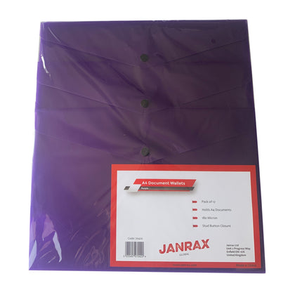 Pack of 12 A4 Purple Plastic Document Wallets by Janrax