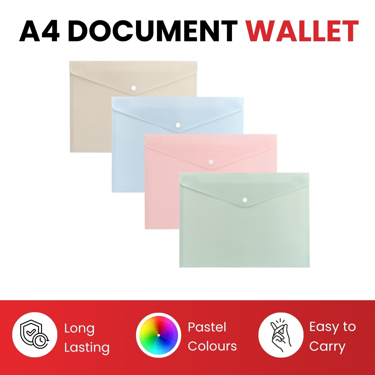Pack of 12 A4 Ivory Soft Touch Plastic Document Wallets with Button Closure
