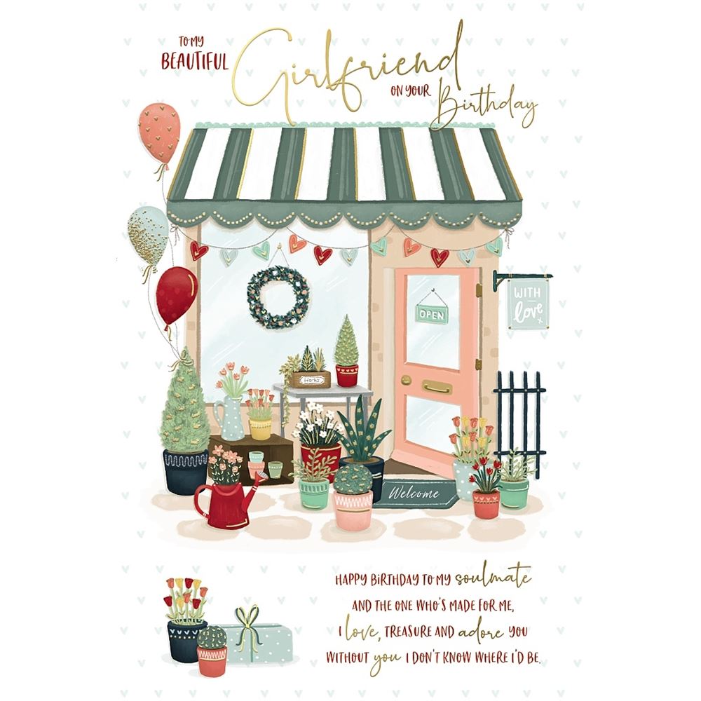 Floral Shop Design with Hearts Girlfriend Birthday Card