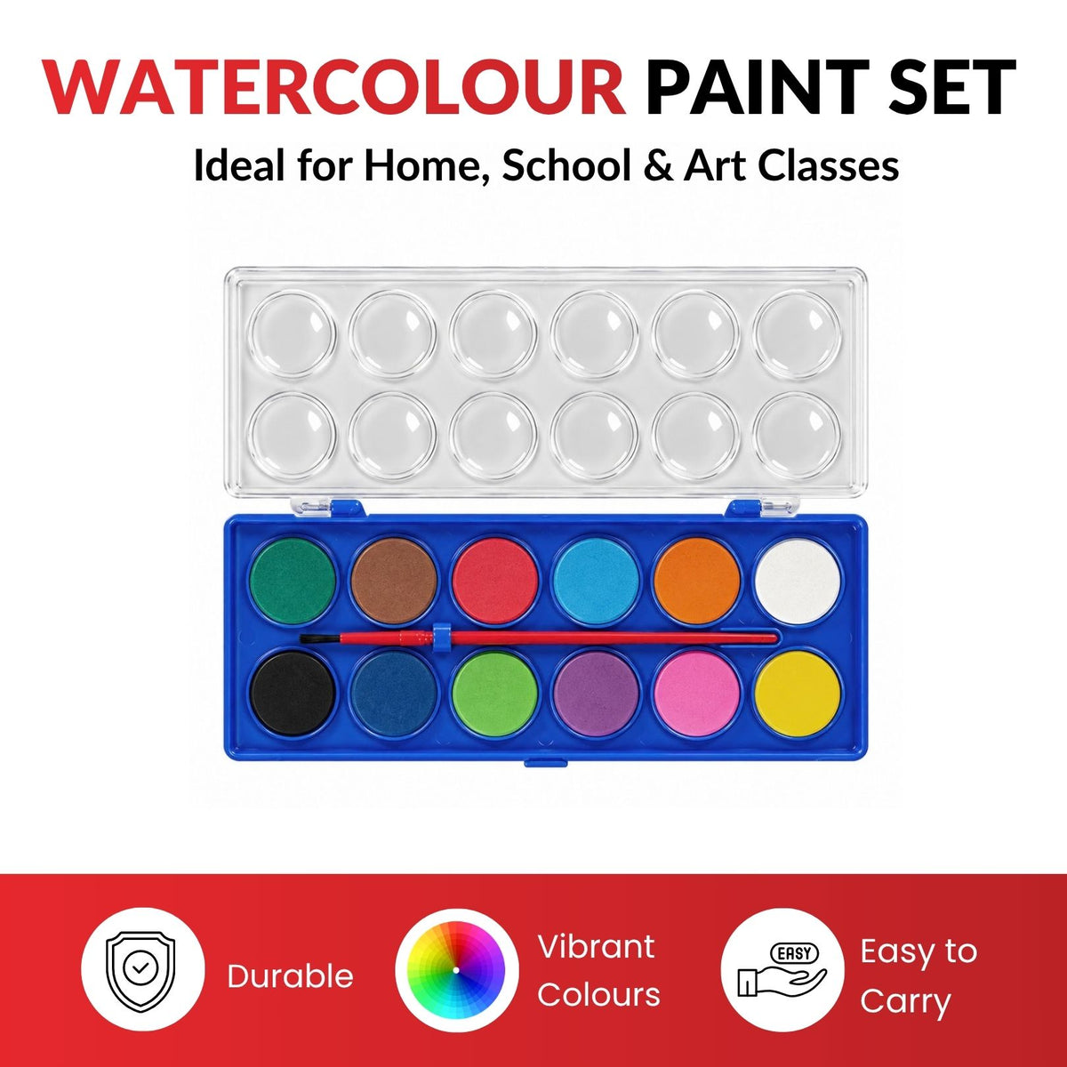 Set of 12 Solid Watercolour With Brush in Plastic Case
