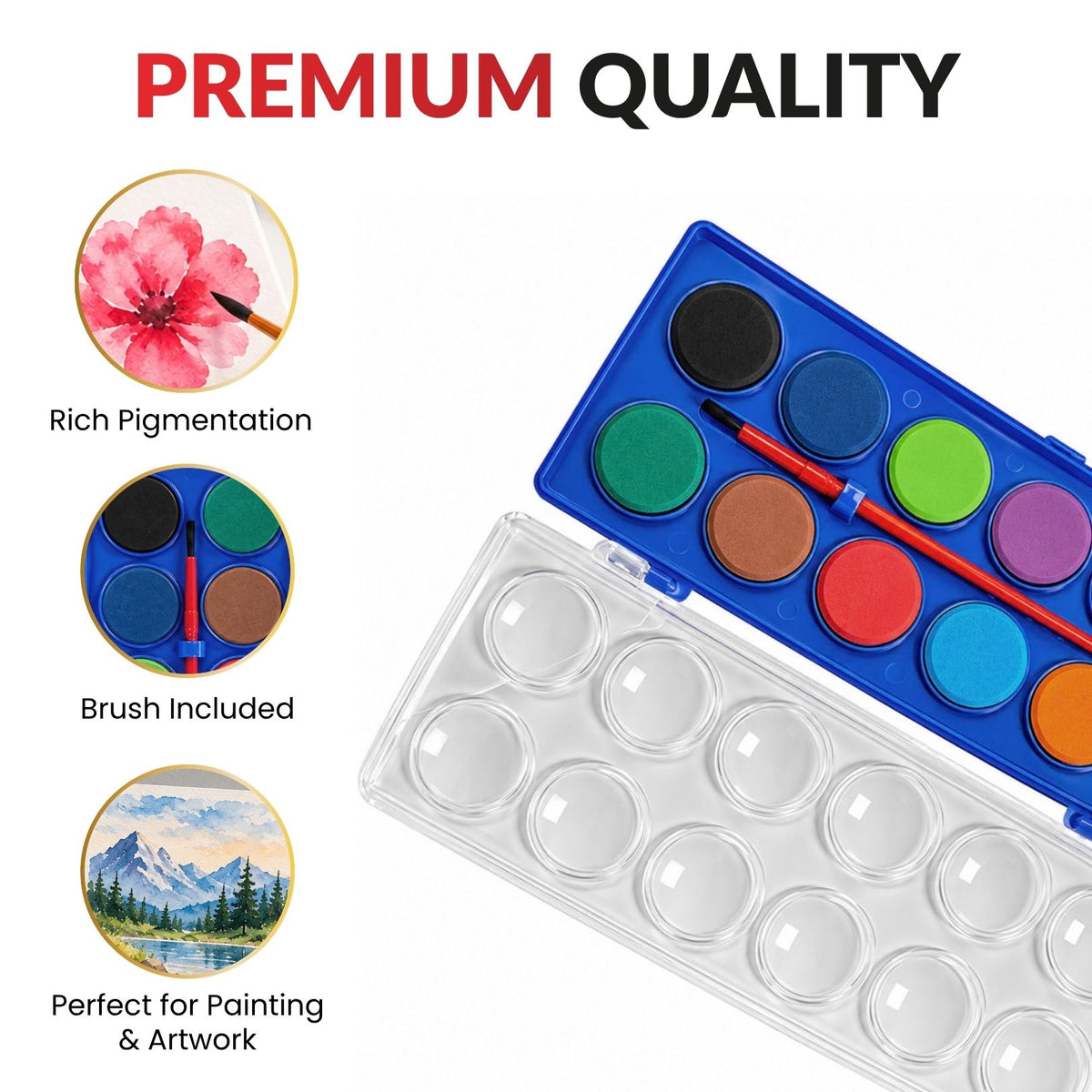 6 Sets of 12 Solid Watercolour With Brush in Plastic Case