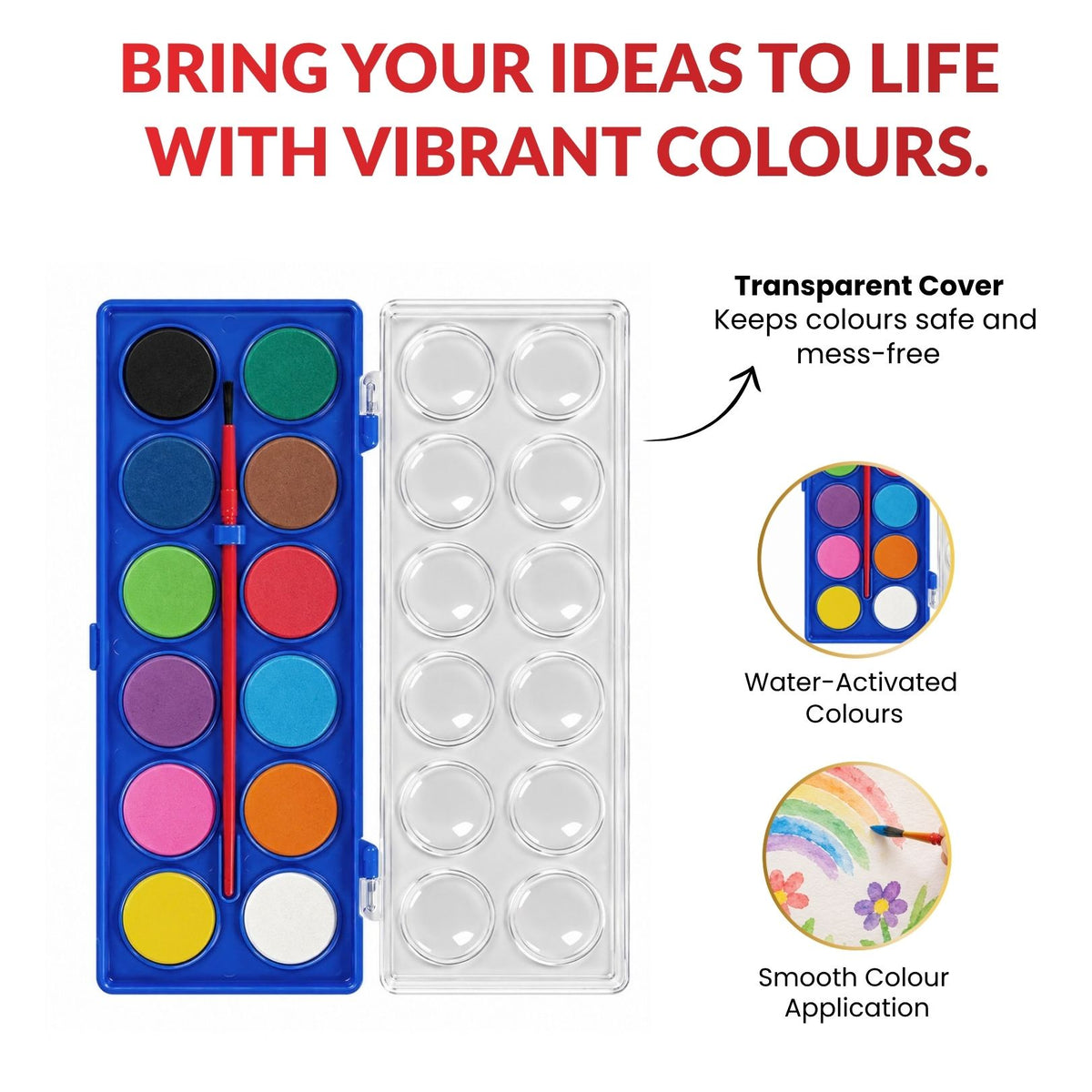 6 Sets of 12 Solid Watercolour With Brush in Plastic Case