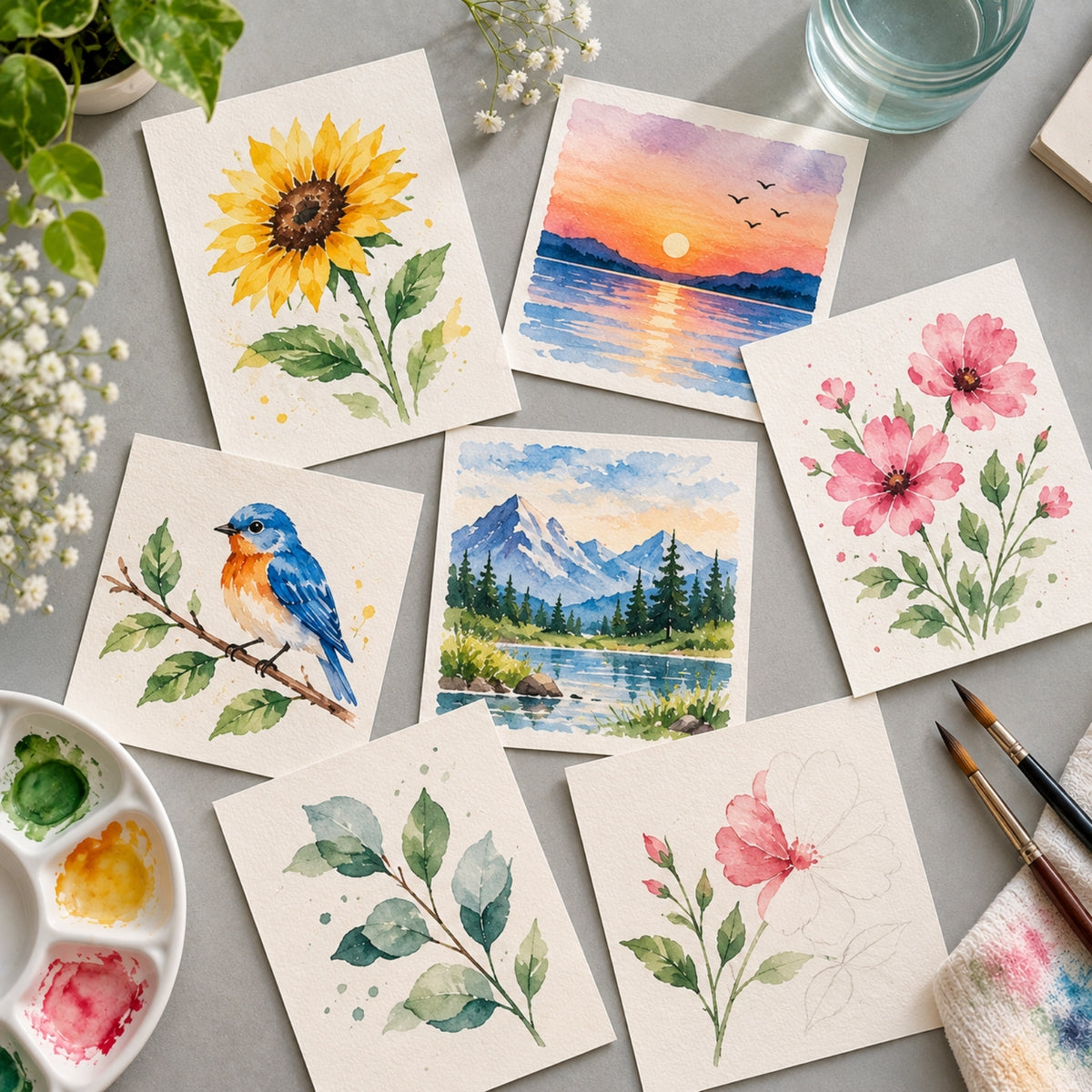 Set of 12 Solid Watercolour With Brush in Plastic Case