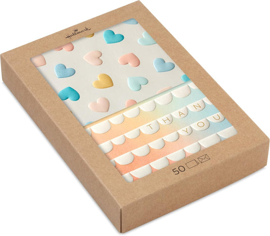 Pack of 50 in 2 Embossed Pastel Designs Multipack Thank You Cards with White Envelopes