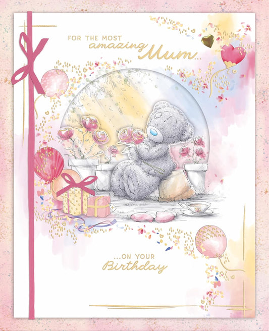 Bear Sat On Plant Pot With Flowers Handmade Mum Birthday Card
