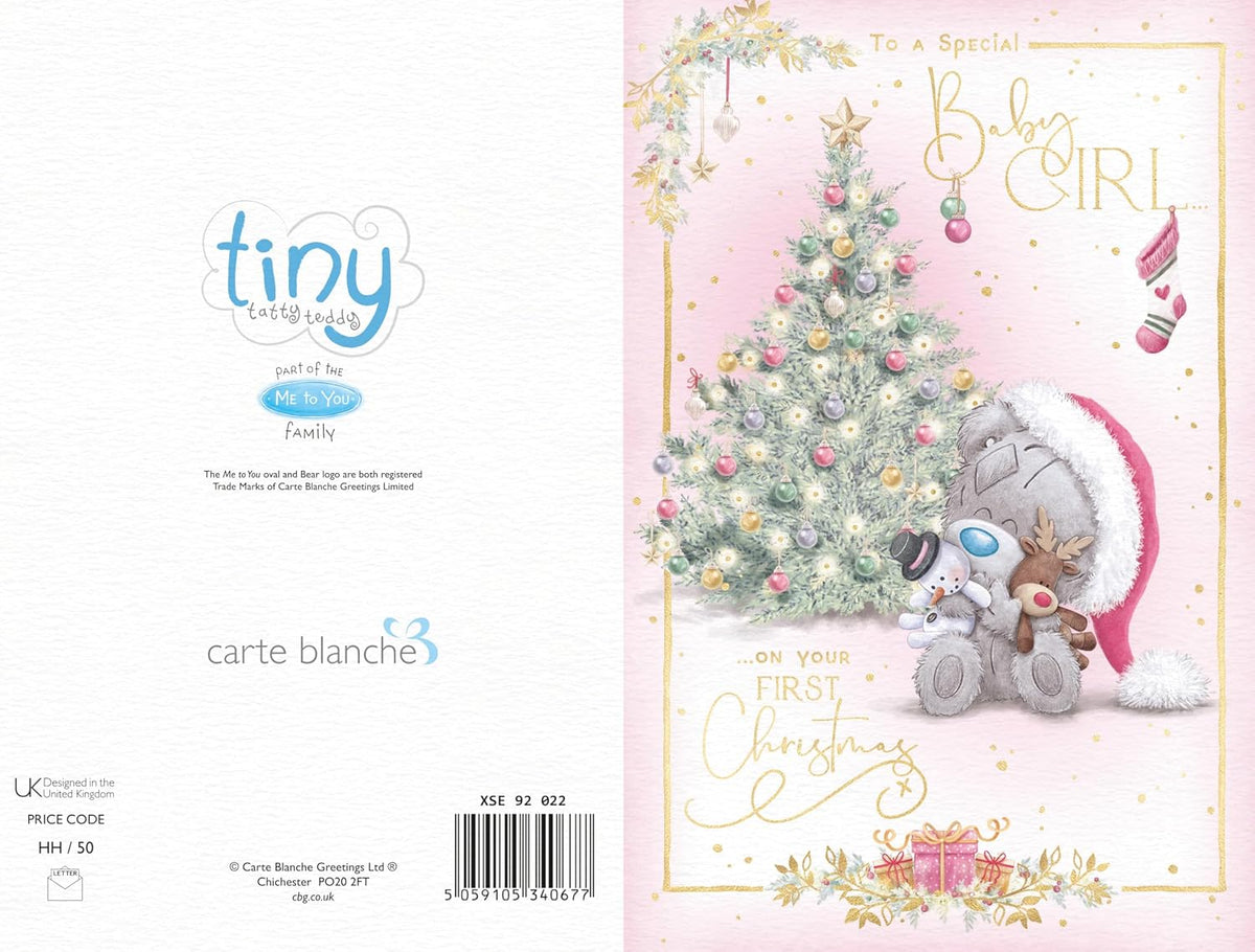 Bear With Snowman And Reindeer Toy Baby Girl Christmas Card