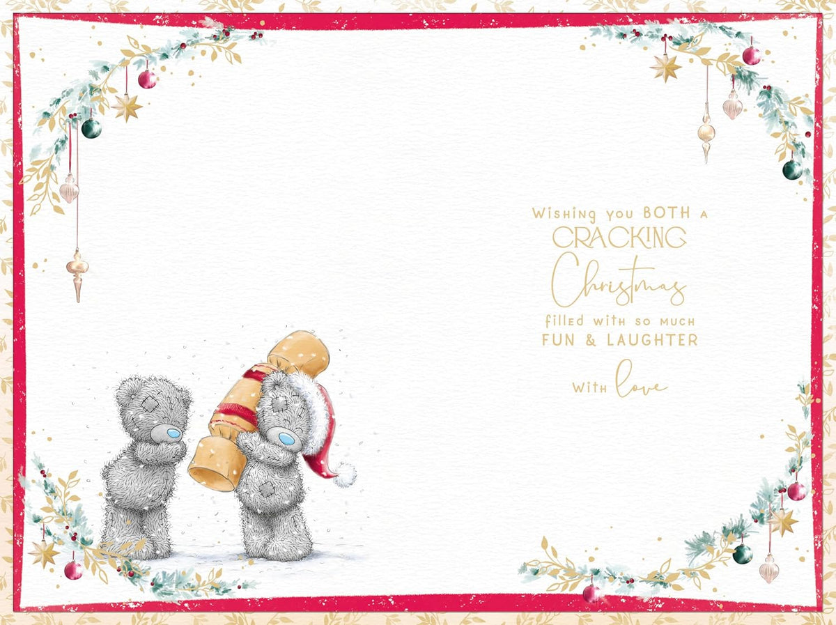 Bears Pulling a Large Cracker Daughter And Son In Law Christmas Card