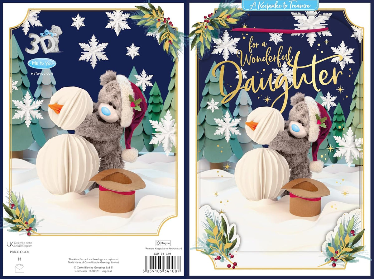 Bear Building A Snowman Wonderful Daughter 3D Christmas Keepsake Card