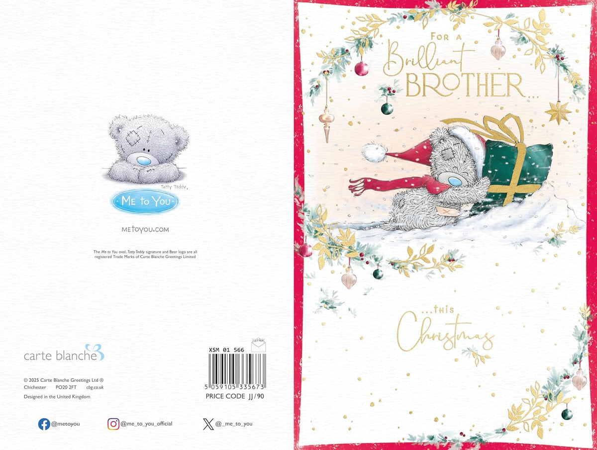 Bear Pushing A Present In The Snow Brilliant Brother Christmas Card