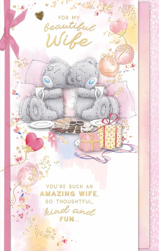Bears Drinking Tea 'For My Beautiful Wife' Luxury Birthday Day Card With Bow