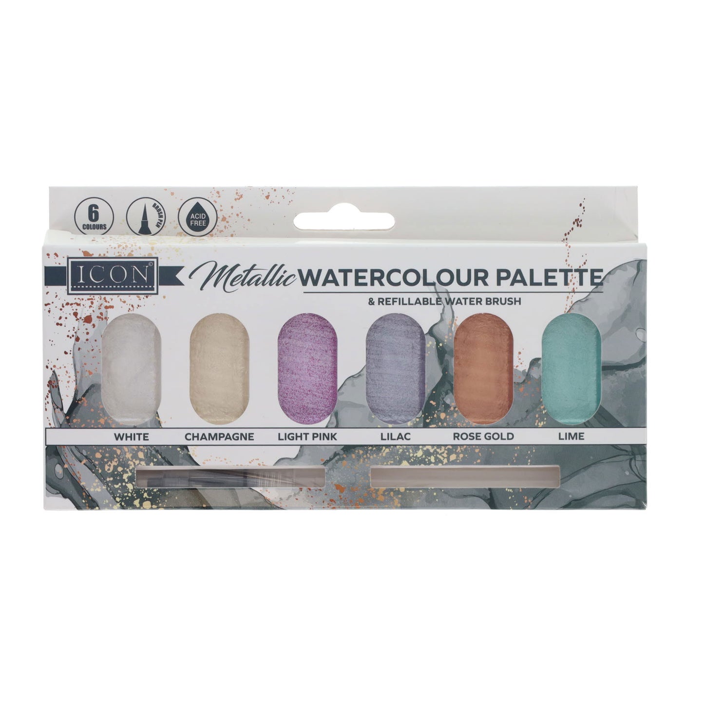 Pack of 6 Pastel Metallic Watercolour in Palette & Refillable Water Brush by Icon