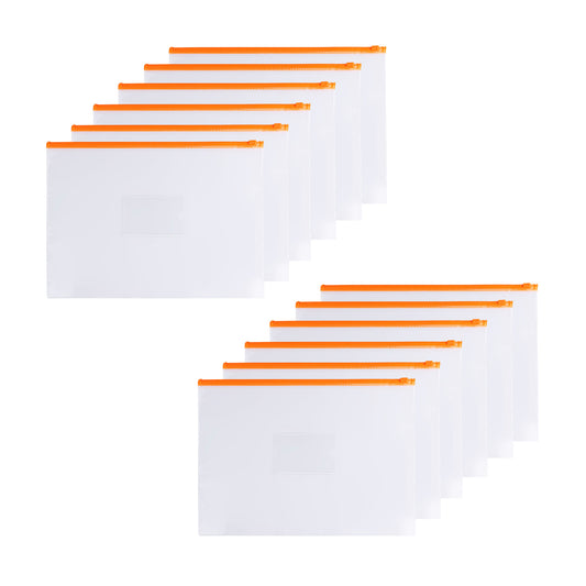 Pack of 12 A4 Clear Zippy Bags with Orange Zip