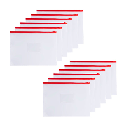 Pack of 12 A4 Clear Zippy Bags with Red Zip