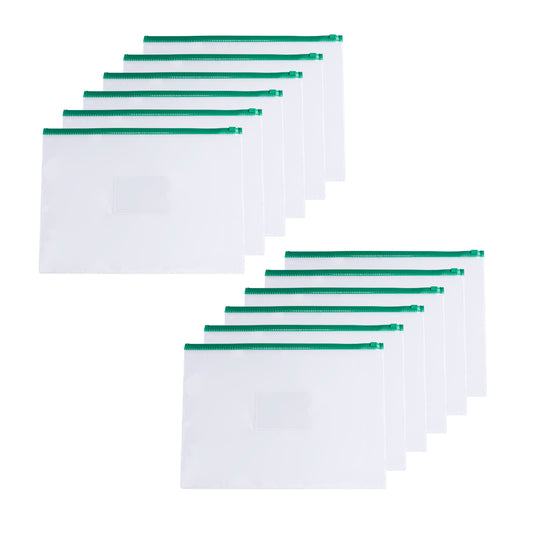 Pack of 12 A4 Clear Zippy Bags with Green Zip
