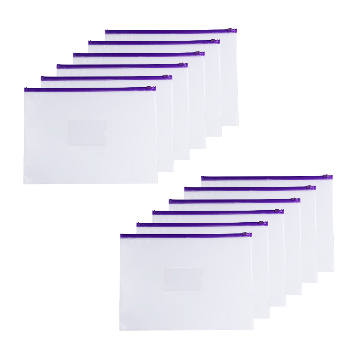 Pack of 12 A4 Clear Zippy Bags with Purple Zip