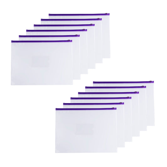 Pack of 12 A4 Clear Zippy Bags with Purple Zip