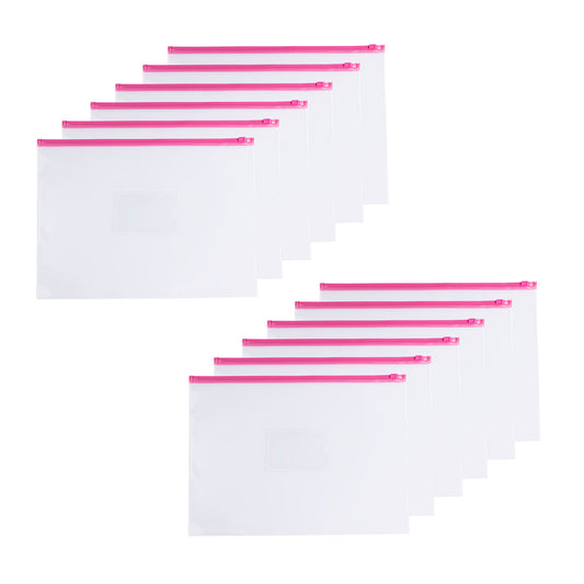 Pack of 12 A4 Clear Zippy Bags with Pink Zip