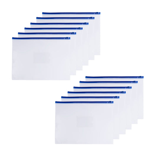 Pack of 12 A4+ Foolscap Clear Zippy Bags with Blue Zip