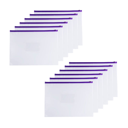 Pack of 12 A4+ Foolscap Clear Zippy Bags with Purple Zip