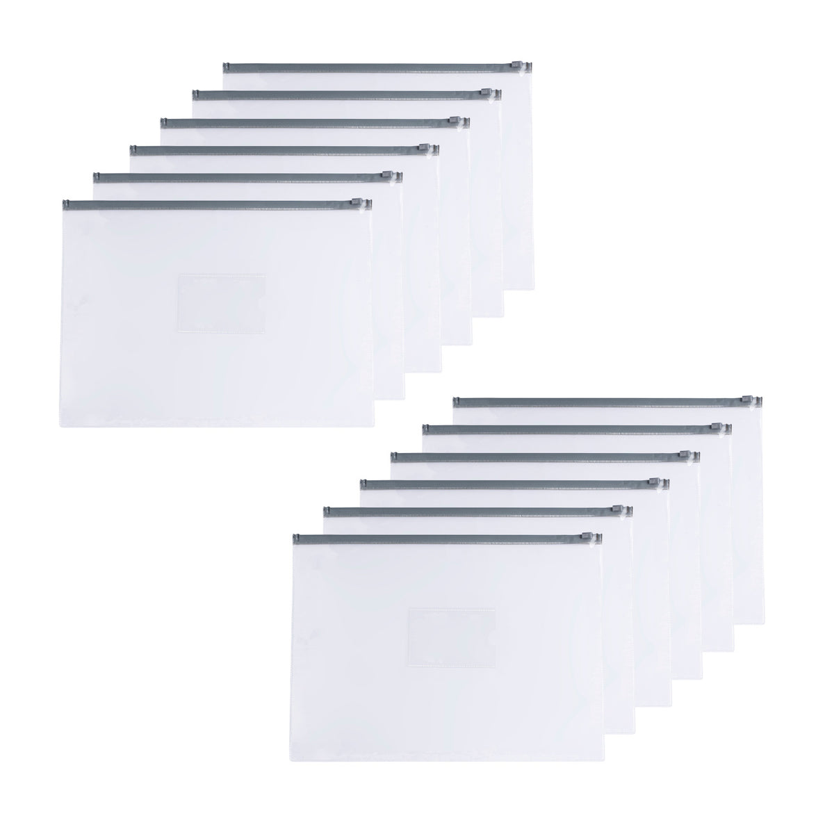 Pack of 12 A4+ Foolscap Clear Zippy Bags with Grey Zip