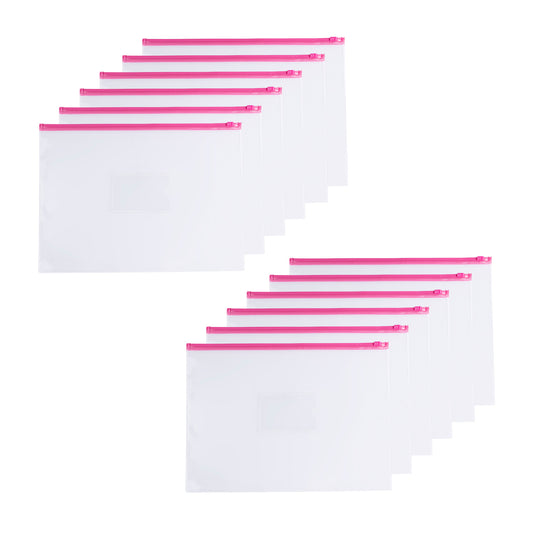 Pack of 12 A4+ Foolscap Clear Zippy Bags with Pink Zip