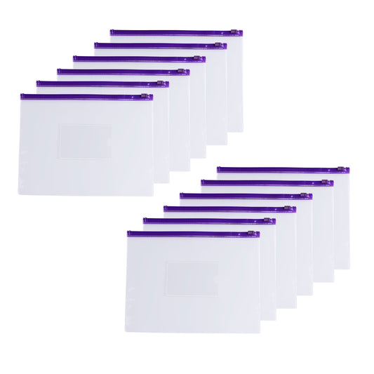 Pack of 12 A5 Clear Zippy Bags with Purple Zip