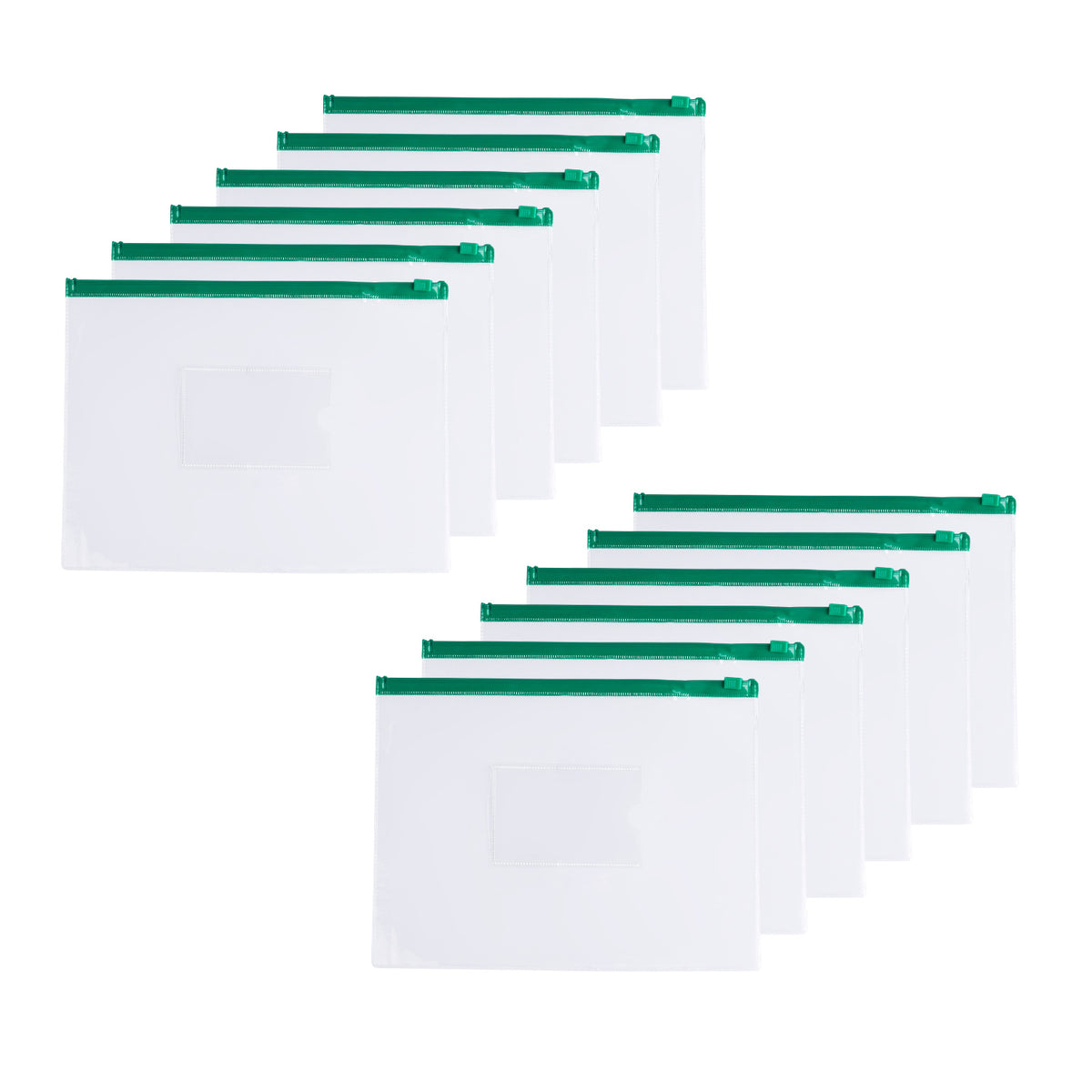 Pack of 12 A5 Clear Zippy Bags with Green Zip