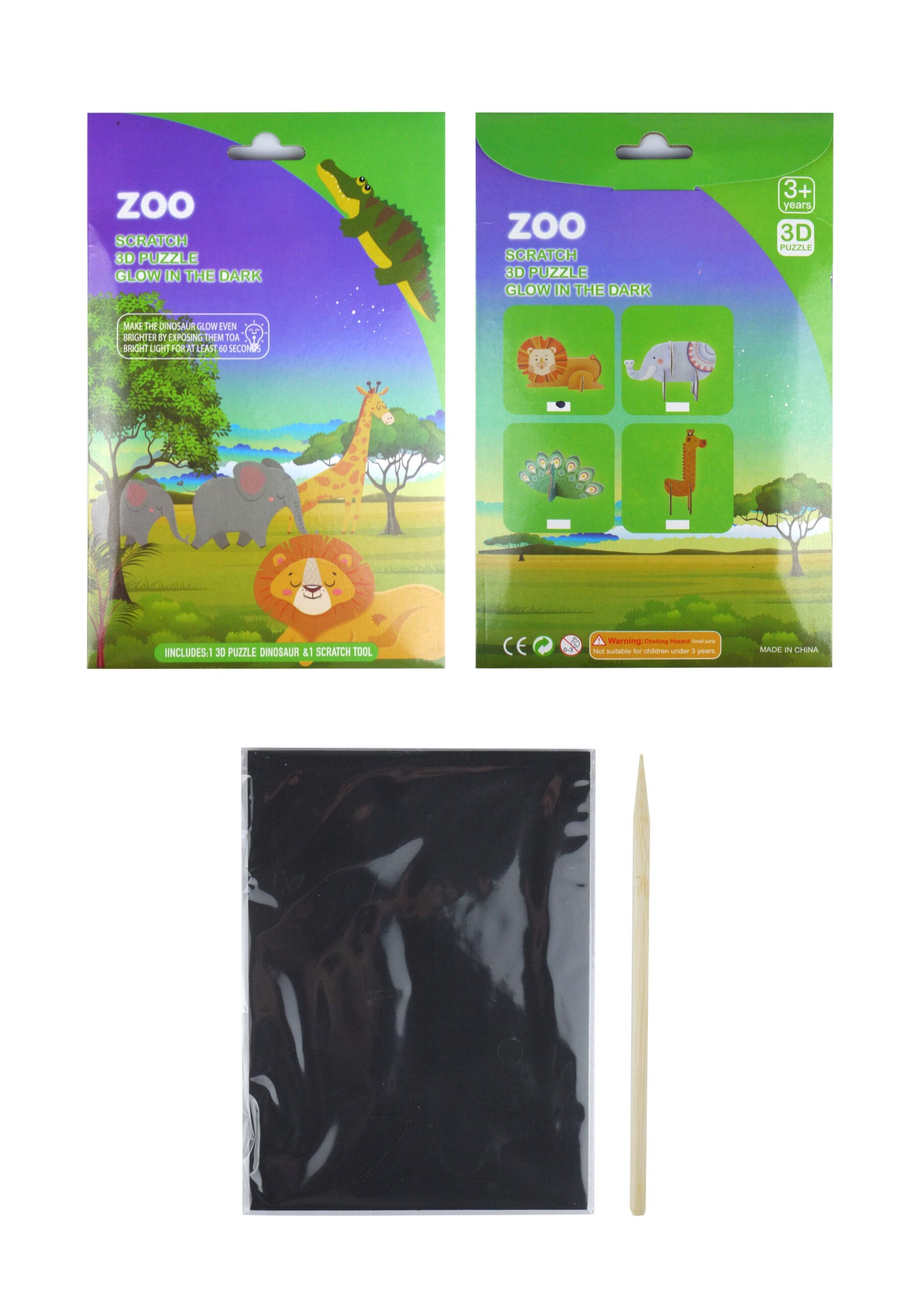 Pack of 12 Zoo Animal Magic Colour Scratch 3D Puzzles (Glow In The Dark)