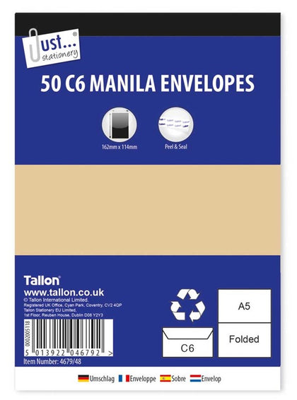 Pack of 50 C6 80gsm Manila peal & seal Envelopes