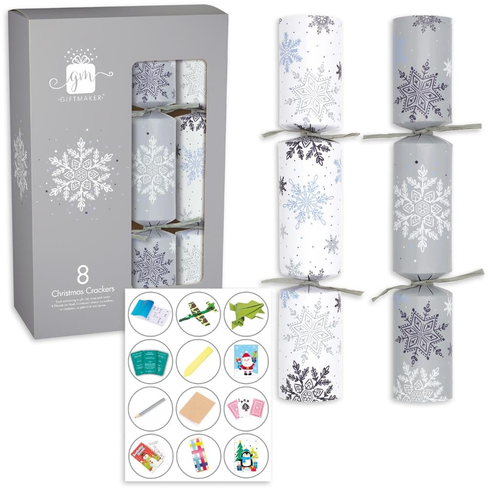 Pack of 8 Silver and White Snowflake Christmas Dinner Crackers