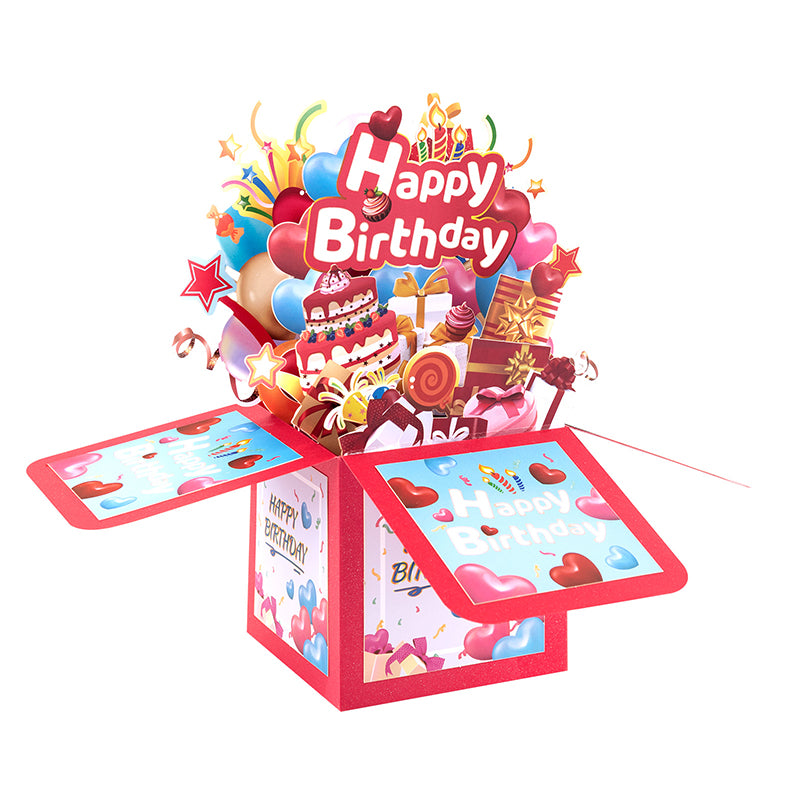 Heart Balloons Bright Red 3D Pop Up Birthday Box Card - Fireworks Cake Surprise Gift Box