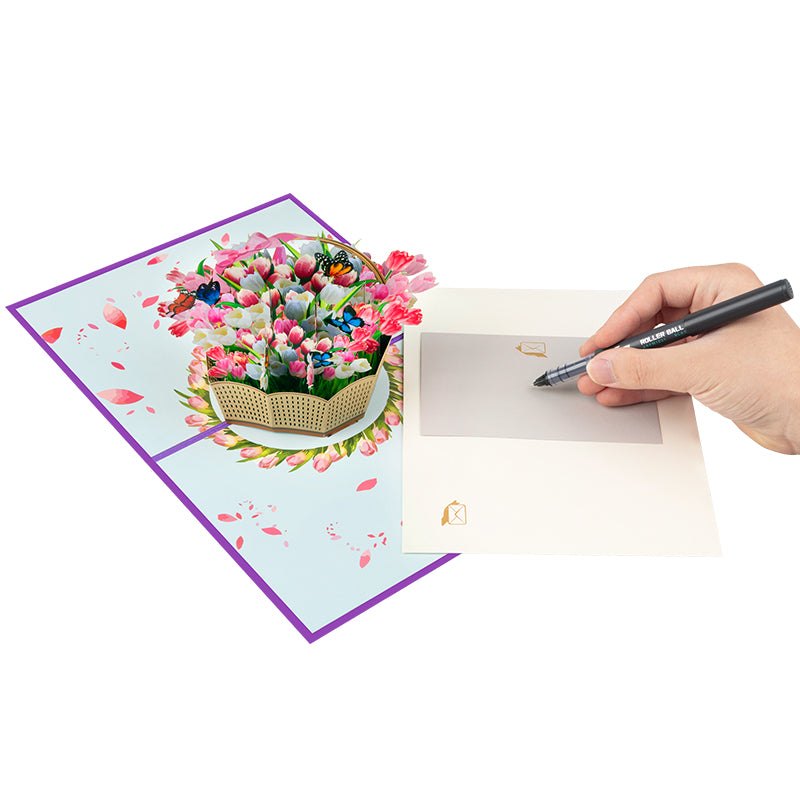 Blooming Elegance Tulip Basket 3D Pop Up Greeting Card