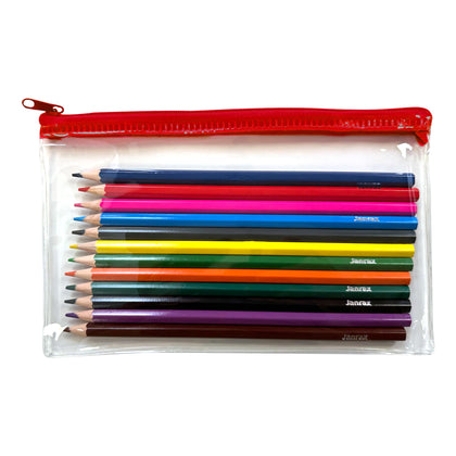 Pack of 12 Colouring Pencils in Red Zip Clear Pencil Case