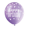 Pack of 6 12" Glitz Petal Pink, Spring Lavender, & White Latex Balloons "Happy Birthday"