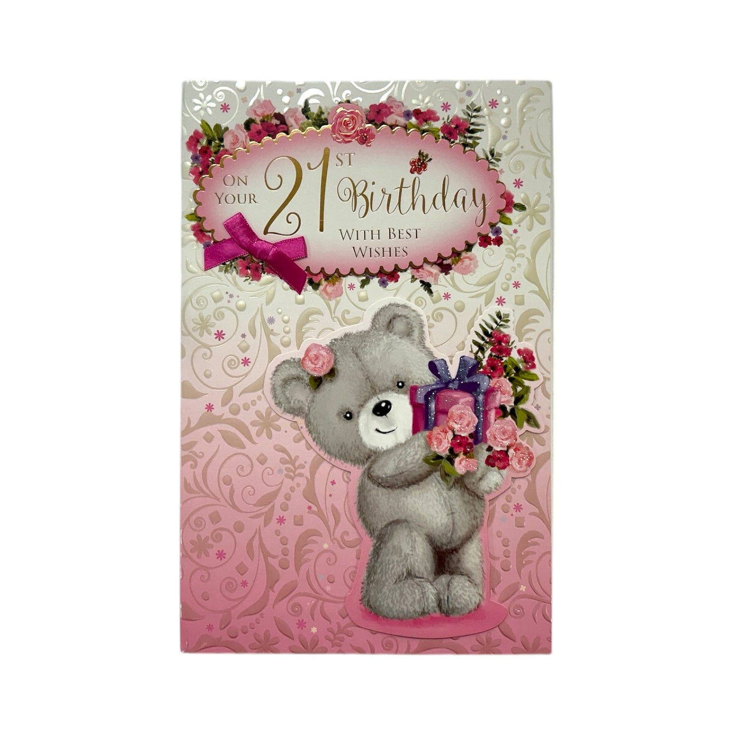 Teddy Holding A Bouquet of Pink Roses 21st Birthday Card