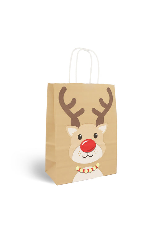 Pack of 12 Reindeer Christmas Paper Bags with Handles (16 x 22 x 8cm)