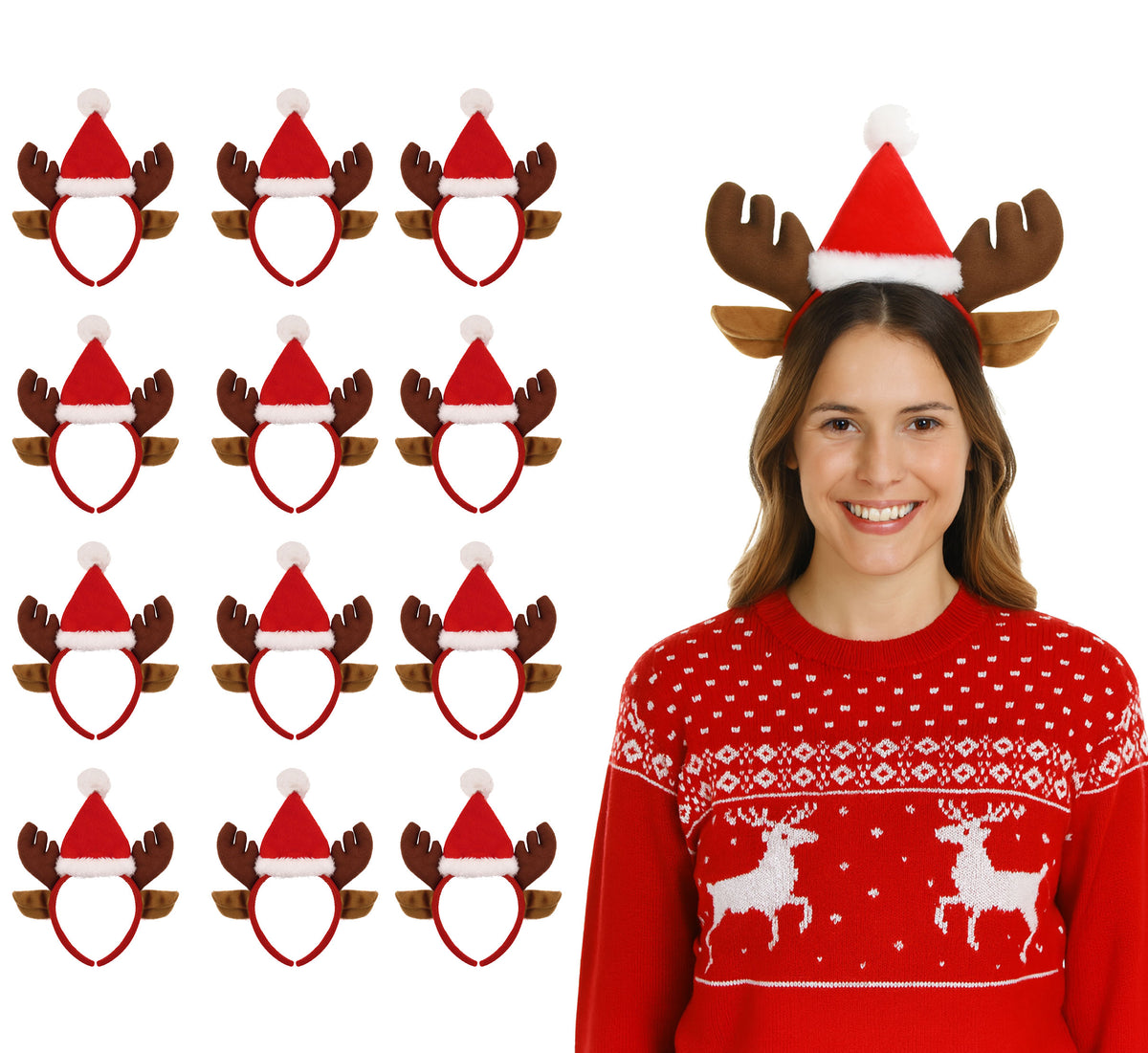 Pack of 12 Christmas Reindeer Antler Headbands with Ears And Santa Hat