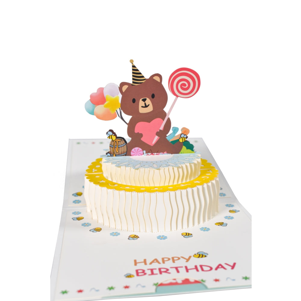 Cake and Bear Holding Heart Design 3D Pop Up Birthday Card