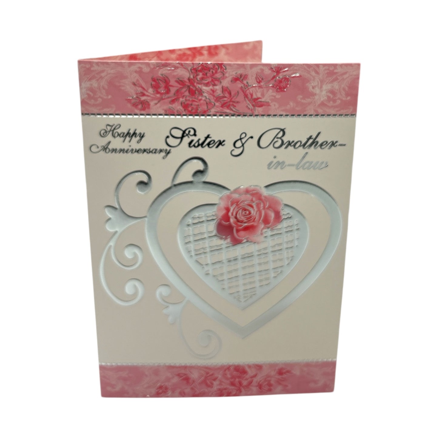 Sister & Brother-In-Law Silver Heart and Pink Rose Design Anniversary Card