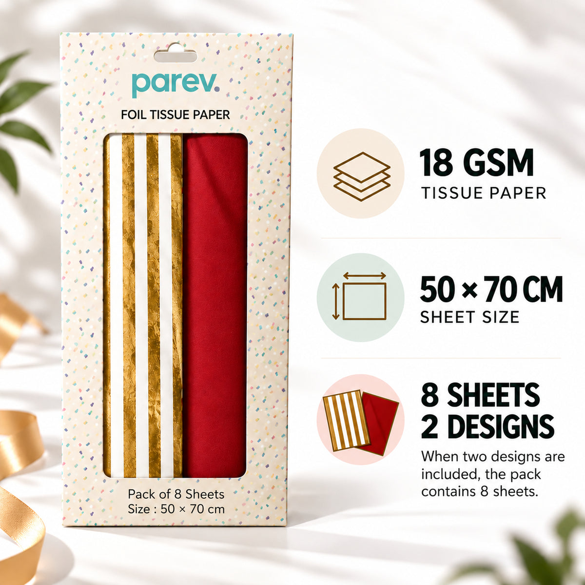 Pack of 8 Abstract Stripes Luxury Foil Design & Plain Red 50 x 70 cm Tissue Sheets - Christmas Wedding Valentine's Day