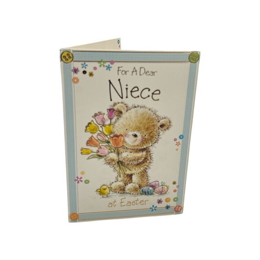 For A Dear Niece Cute Teddy & Bouquet Design Easter Card