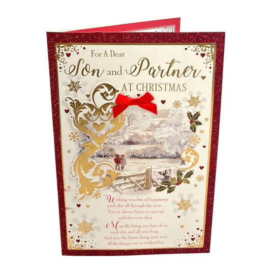 For a Dear Son and Partner Couple Walking in Winter Wonderland Design Christmas Card 